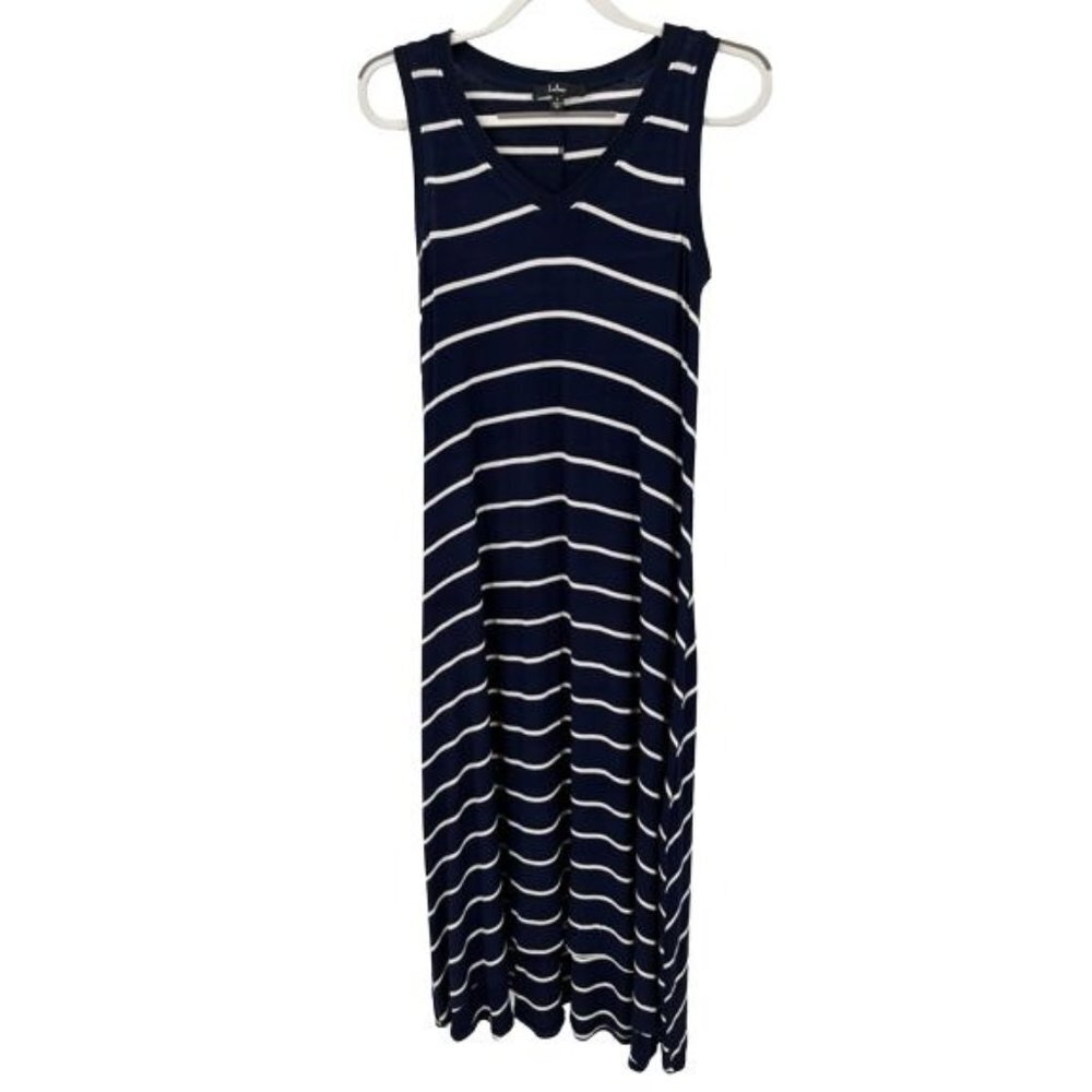 Lulus Navy and White Stripe Maxi Sundress V Neck Size Small Rayon Spandex